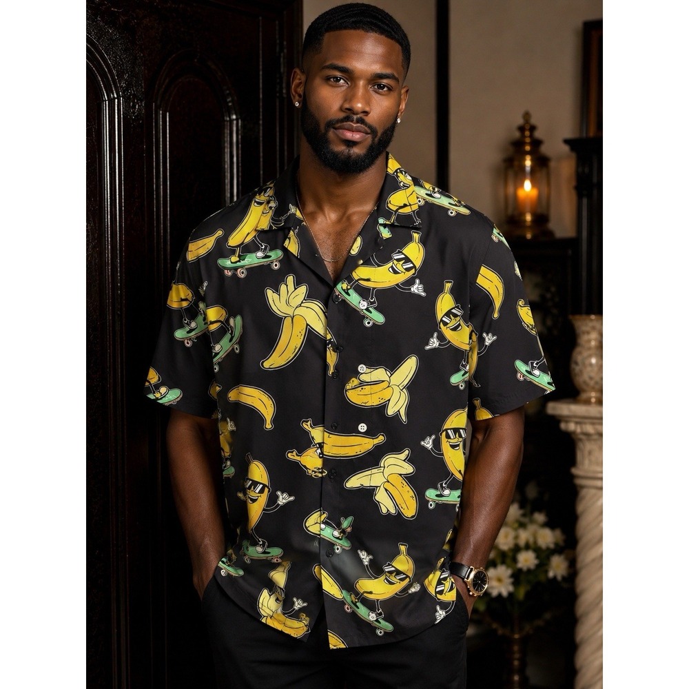 Manfinity Men's Banana Skateboard Button-Up Shirt Black Yellow Size S Novelty